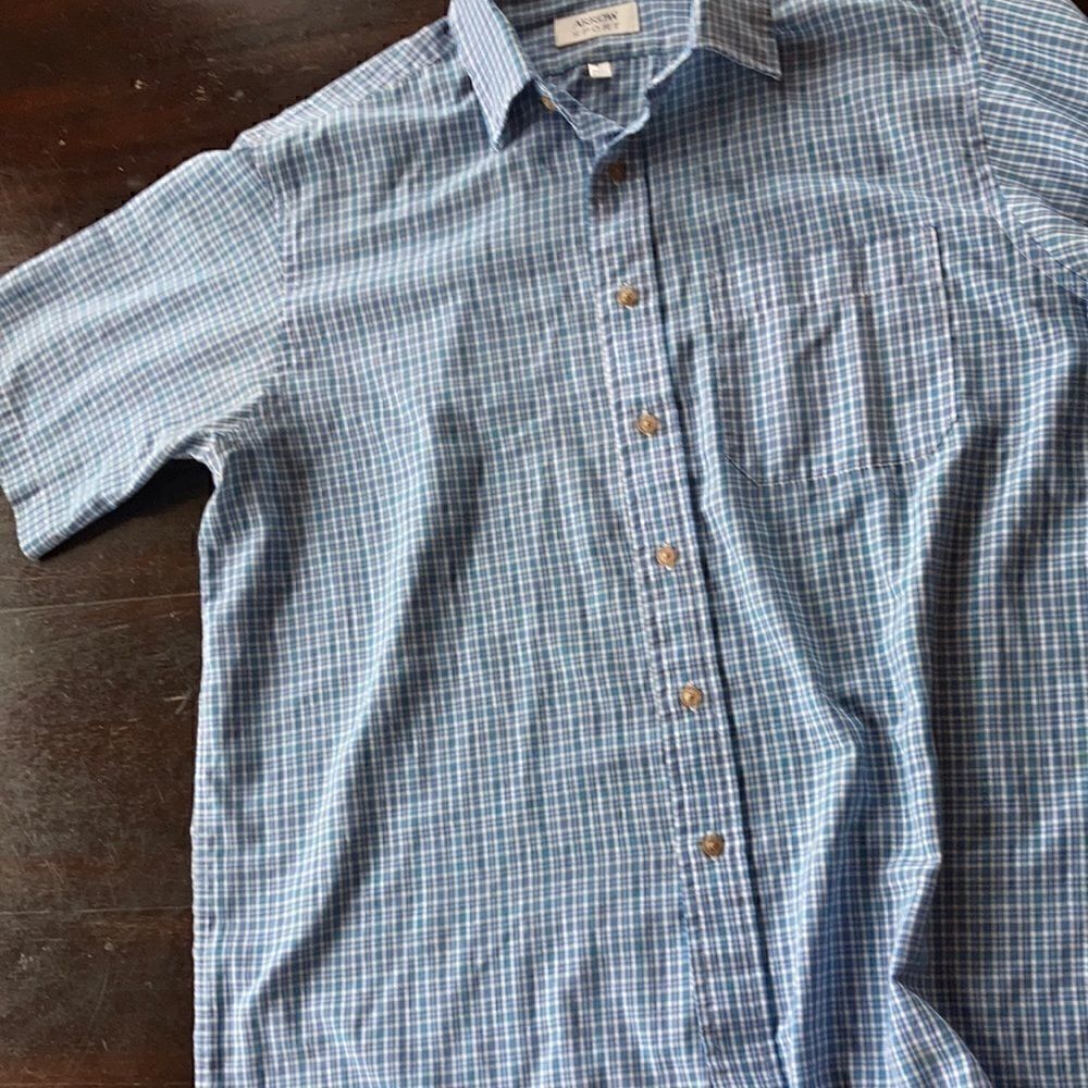 Arrow Sport short sleeve button down shirt lightweight blue white aqua print L
